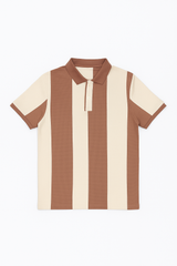 Retro Vertical Striped Polo Shirt – Mocha Brown & Cream