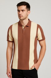 Retro Vertical Striped Polo Shirt – Mocha Brown & Cream