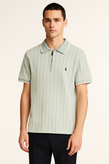 Men’s Mint Green Striped Polo Shirt – Classic Zip Neck Casual Wear
