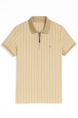 Men's Tan Striped Polo T-Shirt with Zip Neck
