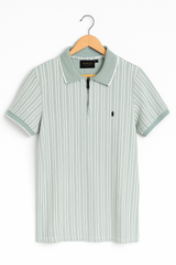 Men’s Mint Green Striped Polo Shirt – Classic Zip Neck Casual Wear