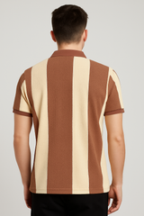 Retro Vertical Striped Polo Shirt – Mocha Brown & Cream