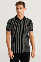 Men’s Black & White Vertical Striped Polo Shirt – Smart Casual Style | Model Worn Look