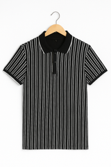 Men’s Black & White Vertical Striped Polo Shirt – Smart Casual Style | Model Worn Look