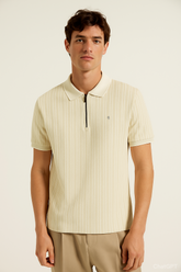 Men's Cream Striped Polo T-Shirt with Zip