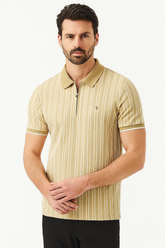 Men's Tan Striped Polo T-Shirt with Zip Neck