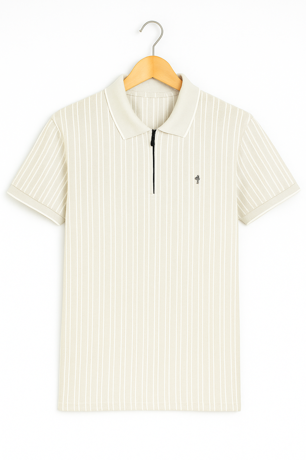 Men's Cream Striped Polo T-Shirt with Zip