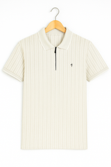 Men's Cream Striped Polo T-Shirt with Zip
