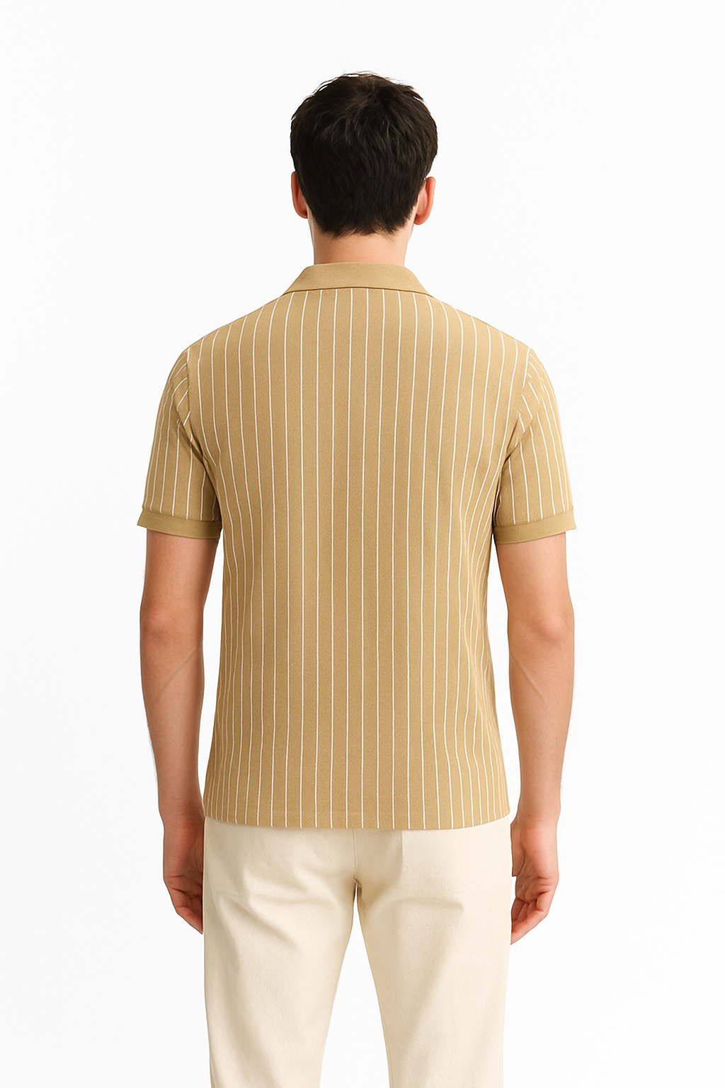 Men's Tan Striped Polo T-Shirt with Zip Neck