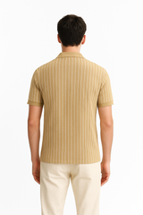 Men's Tan Striped Polo T-Shirt with Zip Neck