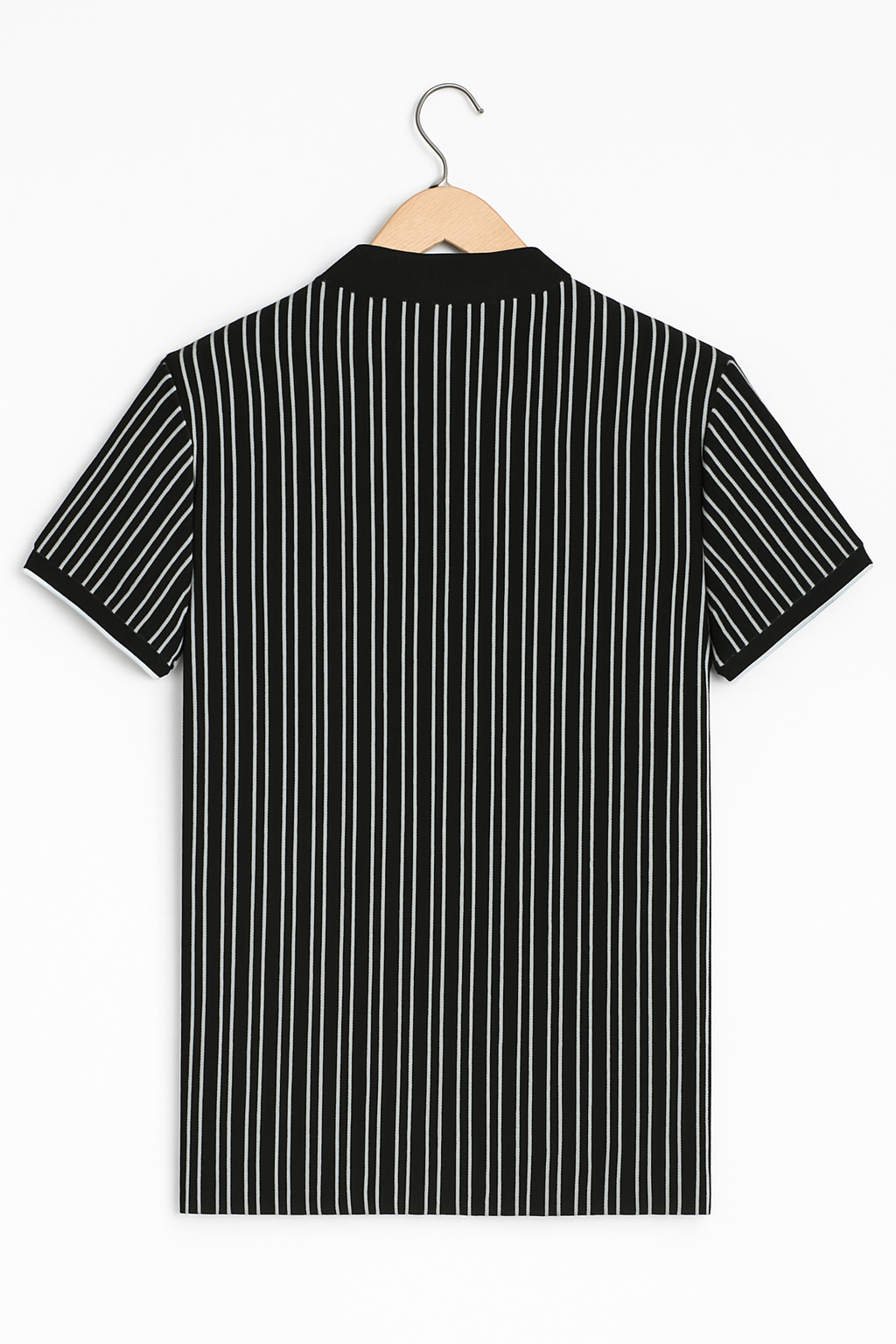 Men’s Black & White Vertical Striped Polo Shirt – Smart Casual Style | Model Worn Look
