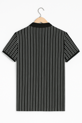 Men’s Black & White Vertical Striped Polo Shirt – Smart Casual Style | Model Worn Look