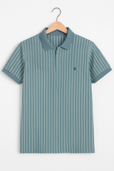 Men's Blue Striped Polo T-Shirt with Hidden Zip Neck